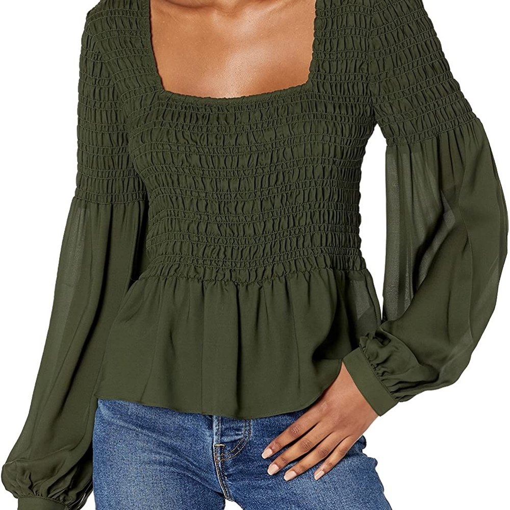 Olive silk blend shirred square neck blouse